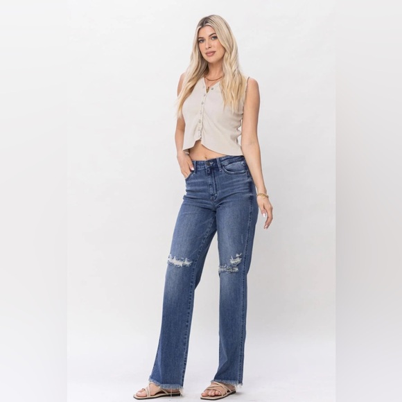 Judy Blue High Waist W/ Knee Destroy Straight Denim Jeans 82498 size 13/31 - Picture 7 of 9